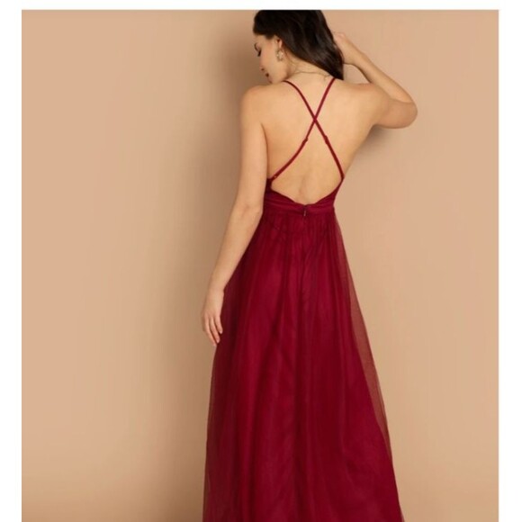 Fairy Grunge Boho Chic SHEIN Belle Plunging Neck Mesh-Overlay Dress Maroon S - Picture 2 of 10